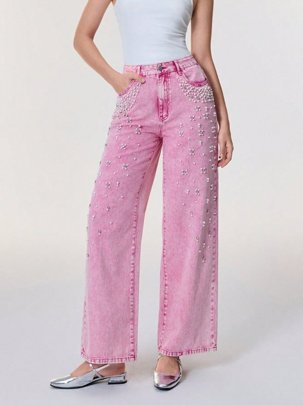 Pink Casual Women's Faux Pearl Decor Pocket Wide Leg Loose Fit Jeans